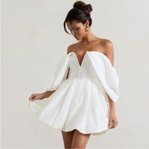 Club L London – Marbella White Draped Bardot Skater Mini Dress (Size Large)